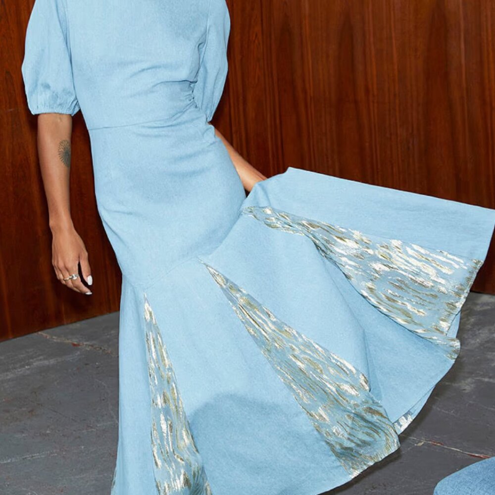 Never Fully Dressed Light Blue Midi Dress with Gold Accents